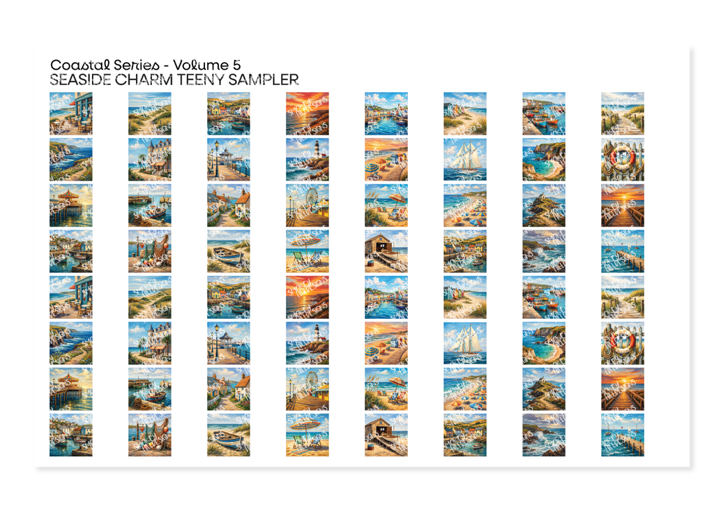 PatternPly® Full Coverage Coastal Series Volume 5 Seaside Charm Teeny Sampler: sampler sheet of small art scene designs
