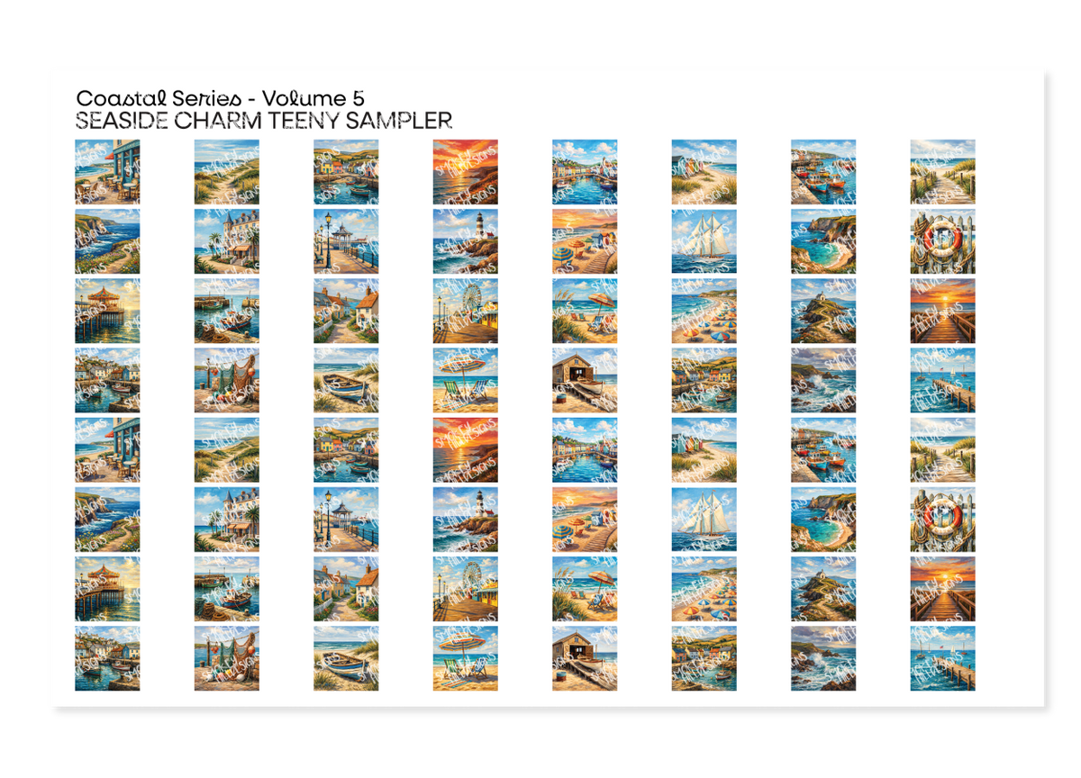 PatternPly® Full Coverage Coastal Series Volume 5 Seaside Charm Teeny Sampler: sampler sheet of small art scene designs