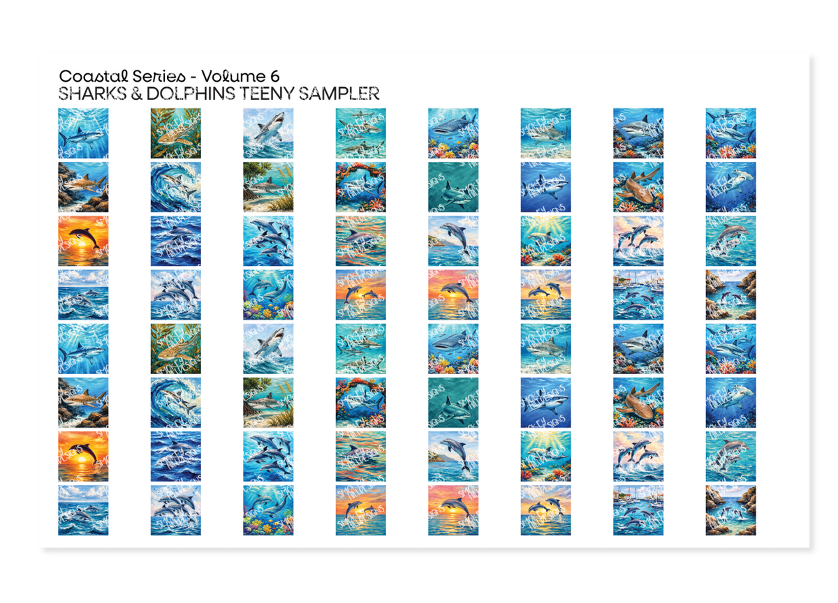 PatternPly® Full Coverage Coastal Series Volume 6 Sharks and Dolphins Teeny Sampler: sampler sheet of small art scene…