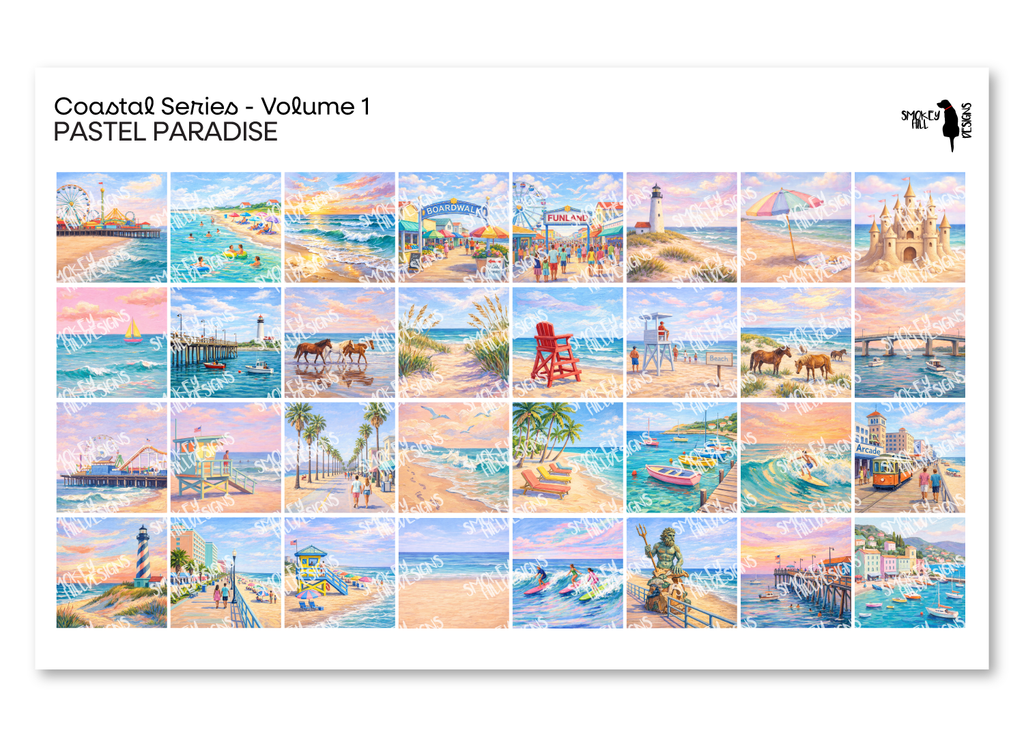 PatternPly® Transparent Coastal Volume 1 Pastel Paradise Sampler: sampler sheet of small art scene designs
