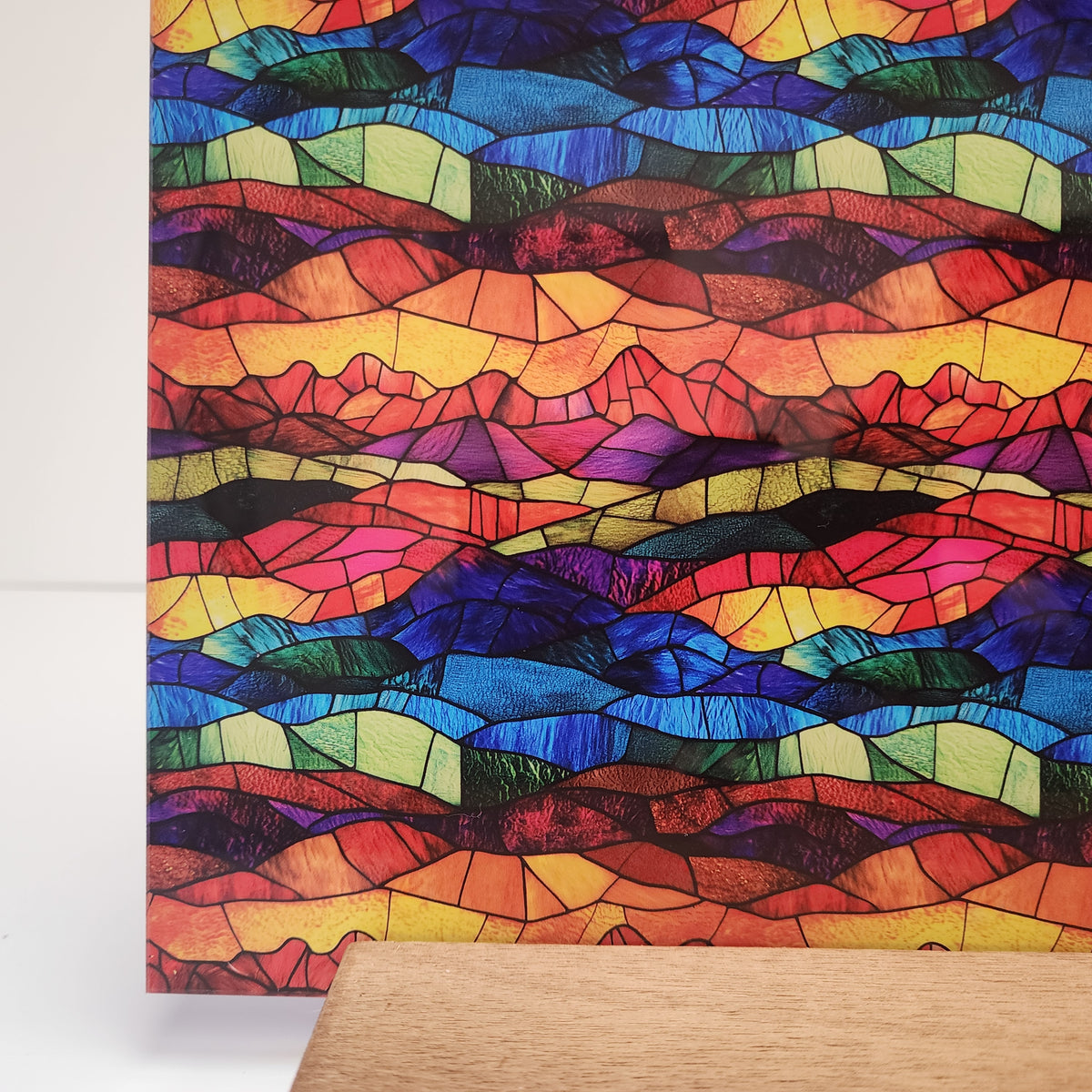 PatternPly® Full Coverage Colorful Foothills Stained Glass sheet showing the pattern