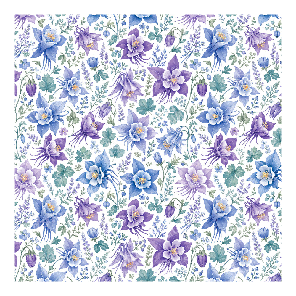 PatternPly® Scattered Columbine Flowers sheet showing the pattern