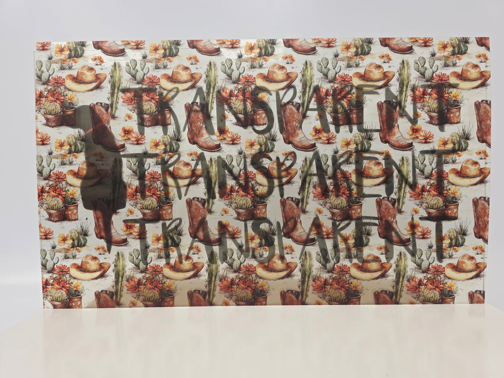PatternPly® Transparent Cowboy Boots Hat and Cacti sheet showing the pattern