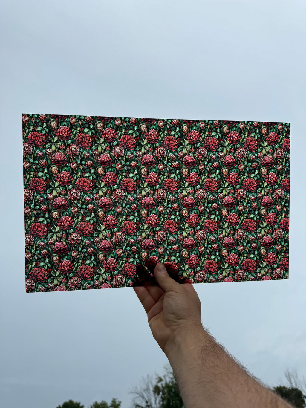 PatternPly® Transparent Red Clovers sheet showing the pattern