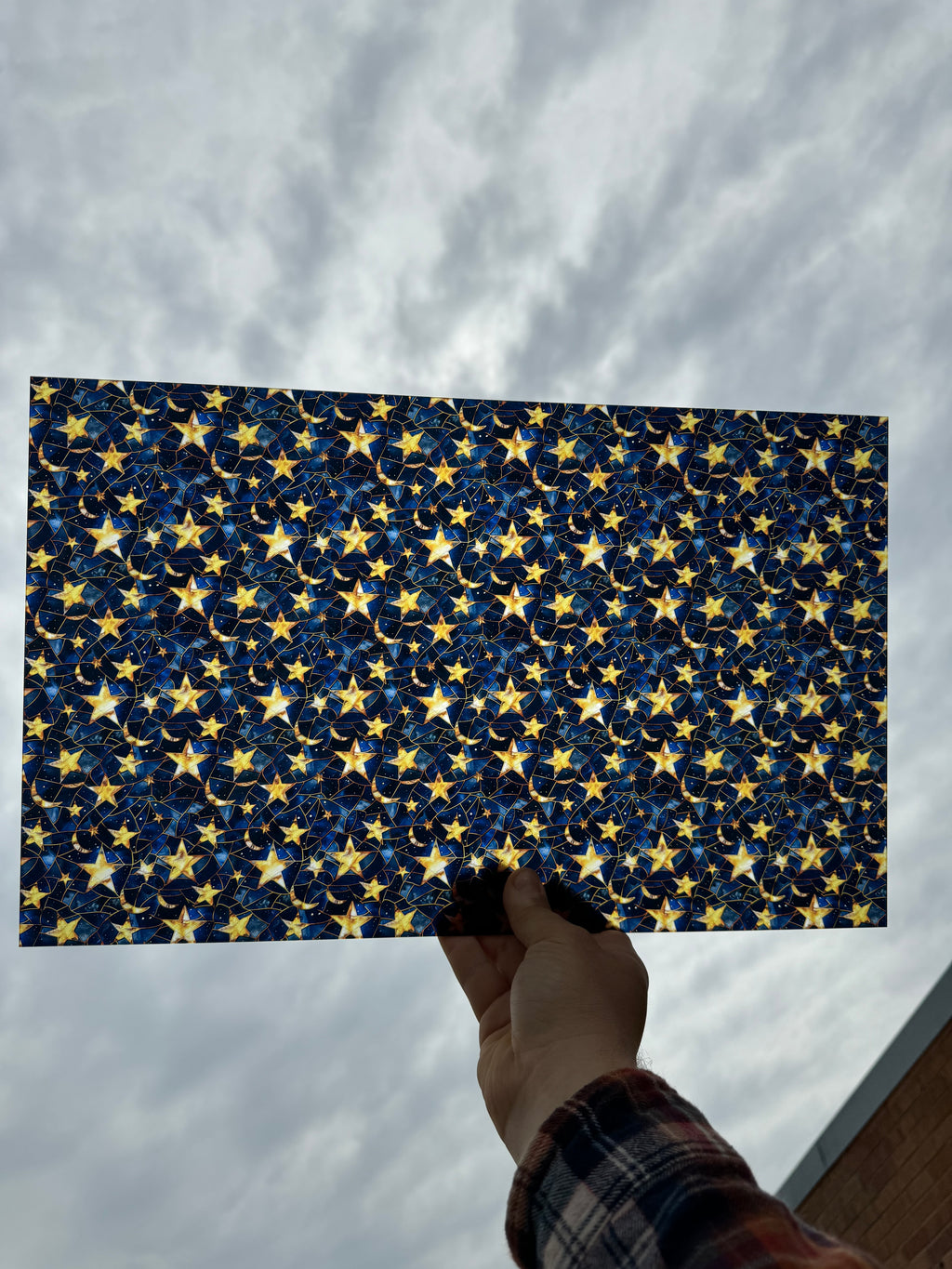PatternPly® Transparent Stained Glass Moon and Stars sheet showing the pattern