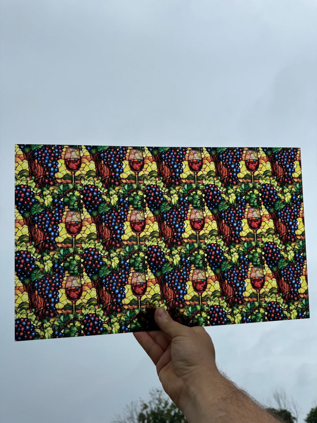 PatternPly® Transparent Stained Glass Wine Grapes sheet showing the pattern