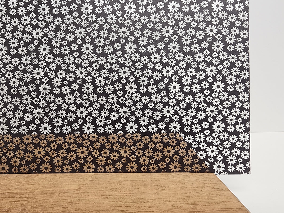 PatternPly® Scattered Daisies BLACK sheet showing the pattern