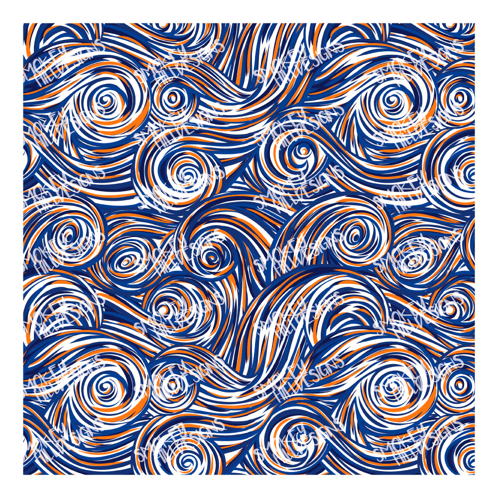 PatternPly® Scattered Dark Blue and Orange Swirls sheet showing the pattern