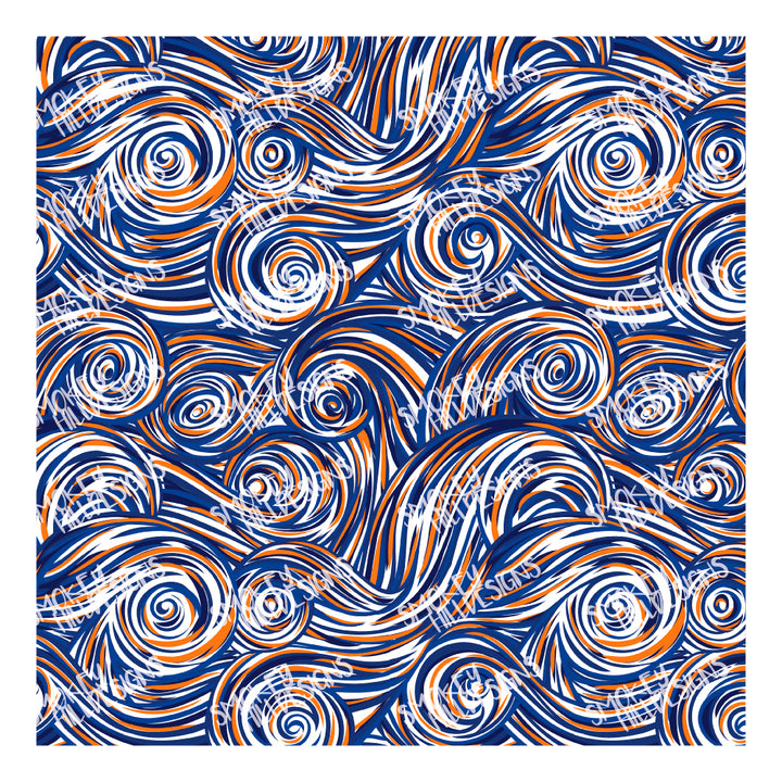 PatternPly® Scattered Dark Blue and Orange Swirls