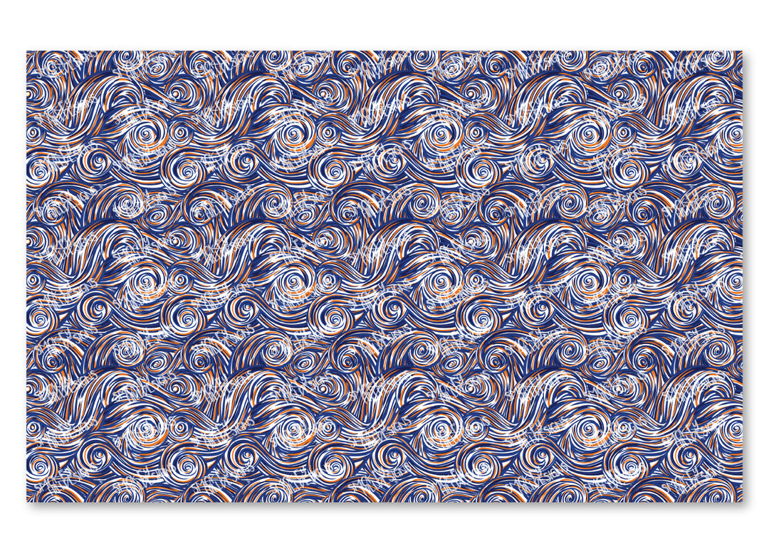 PatternPly® Scattered Dark Blue and Orange Swirls
