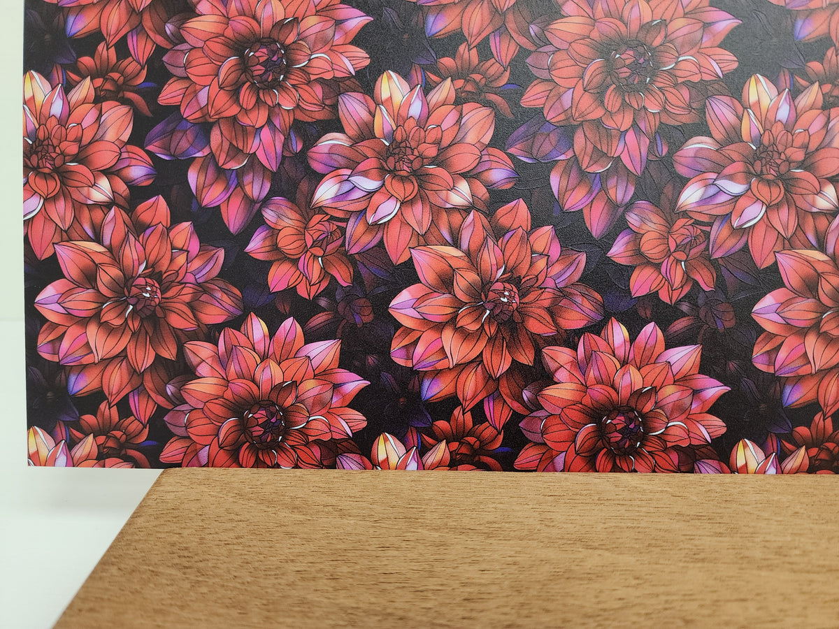 PatternPly® Full Coverage Dark Dahlias sheet showing the pattern