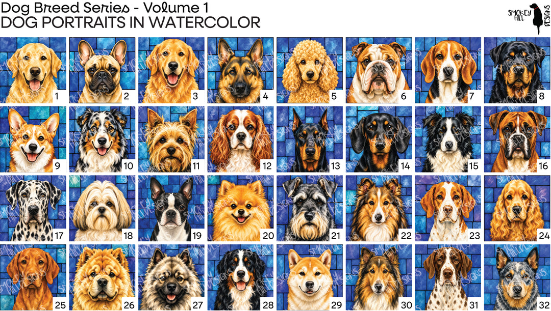 PatternPly® Transparent Dog Breed Series Volume 1 Dog Portraits in Watercolor Sampler