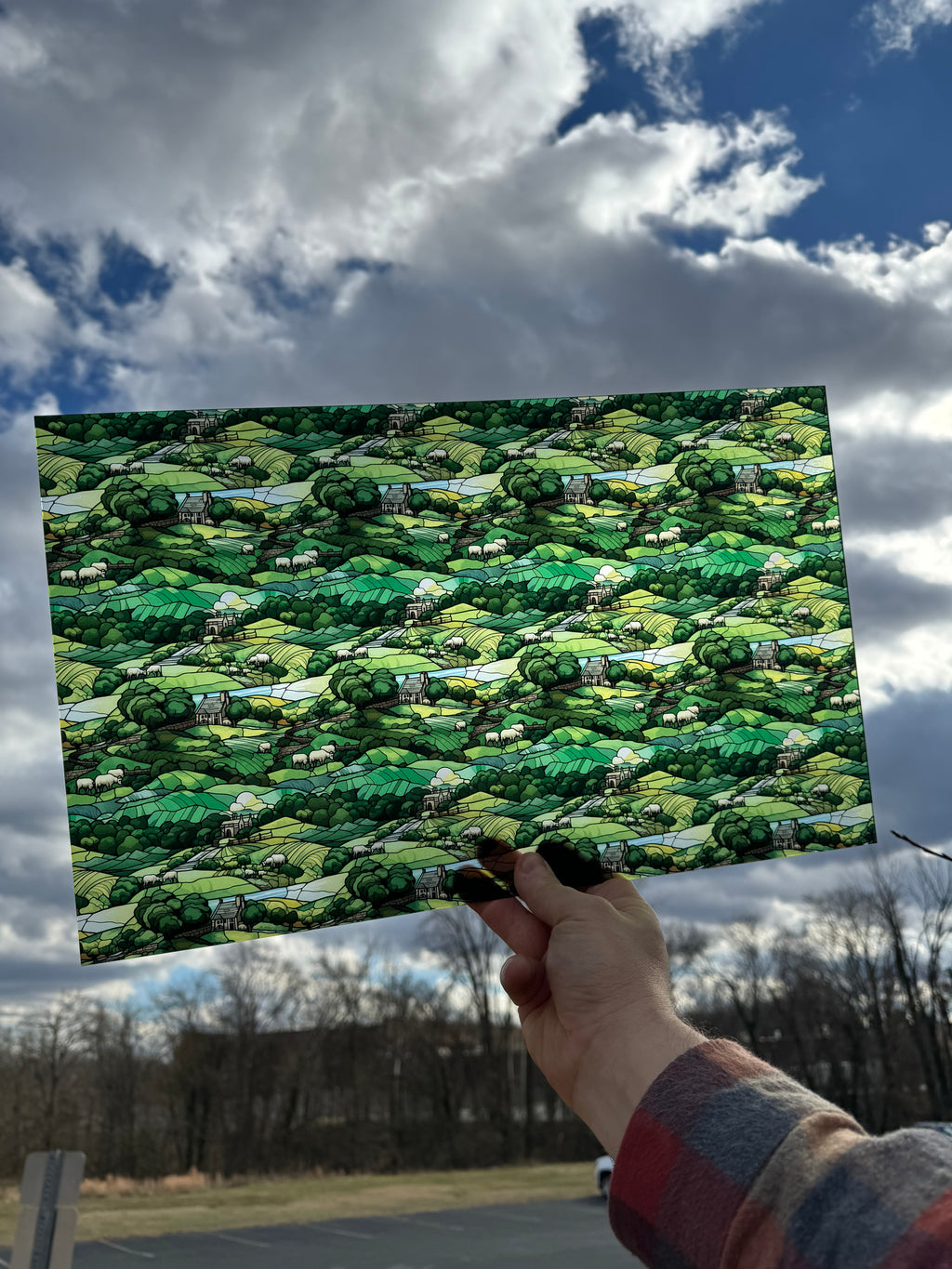 PatternPly® Transparent Stained Glass Countryside Large sheet showing the pattern