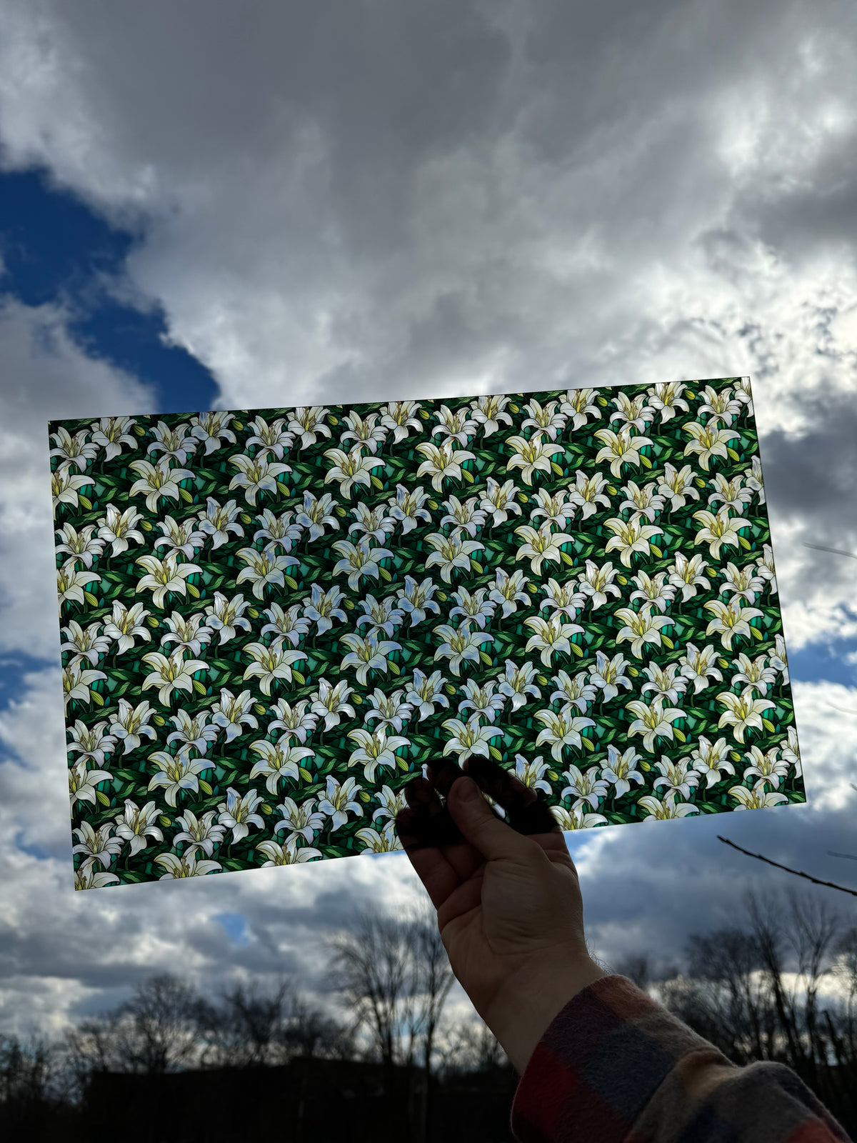 PatternPly® Transparent Easter Lily Stained Glass sheet showing the pattern