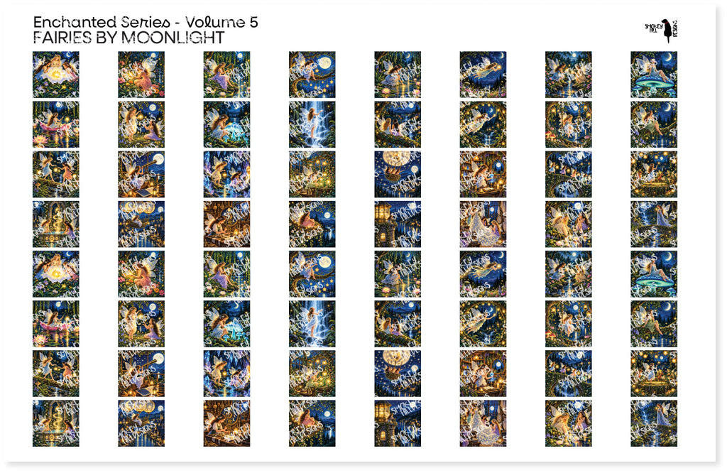 PatternPly® Transparent Enchanted Series Volume 5 Fairies by Moonlight Teeny Sampler: sampler sheet of small art scene…