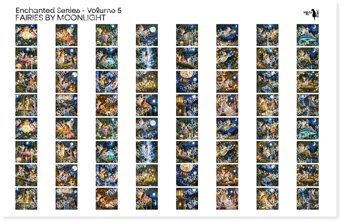 PatternPly® Transparent Enchanted Series Volume 5 Fairies by Moonlight Teeny Sampler: sampler sheet of small art scene…
