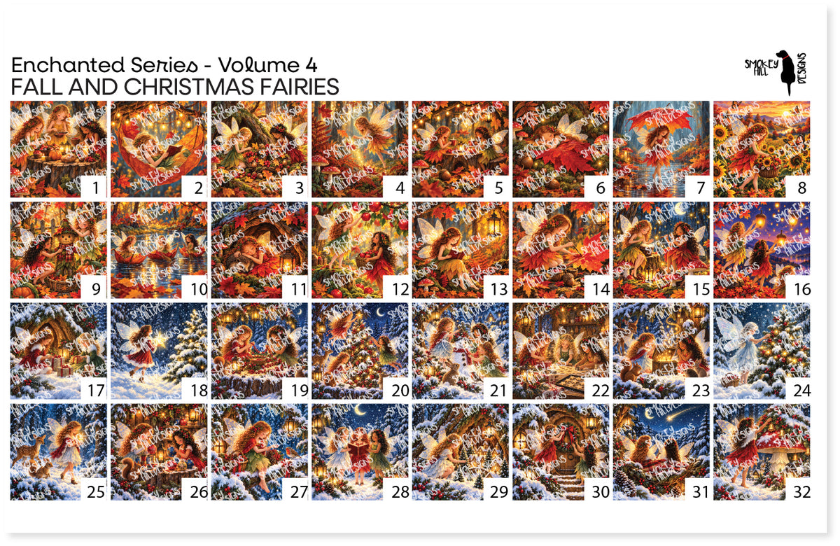 PatternPly® Full Coverage Enchanted Series Volume 4 Fall and Christmas Fairies Sampler: sampler sheet of small art scene…