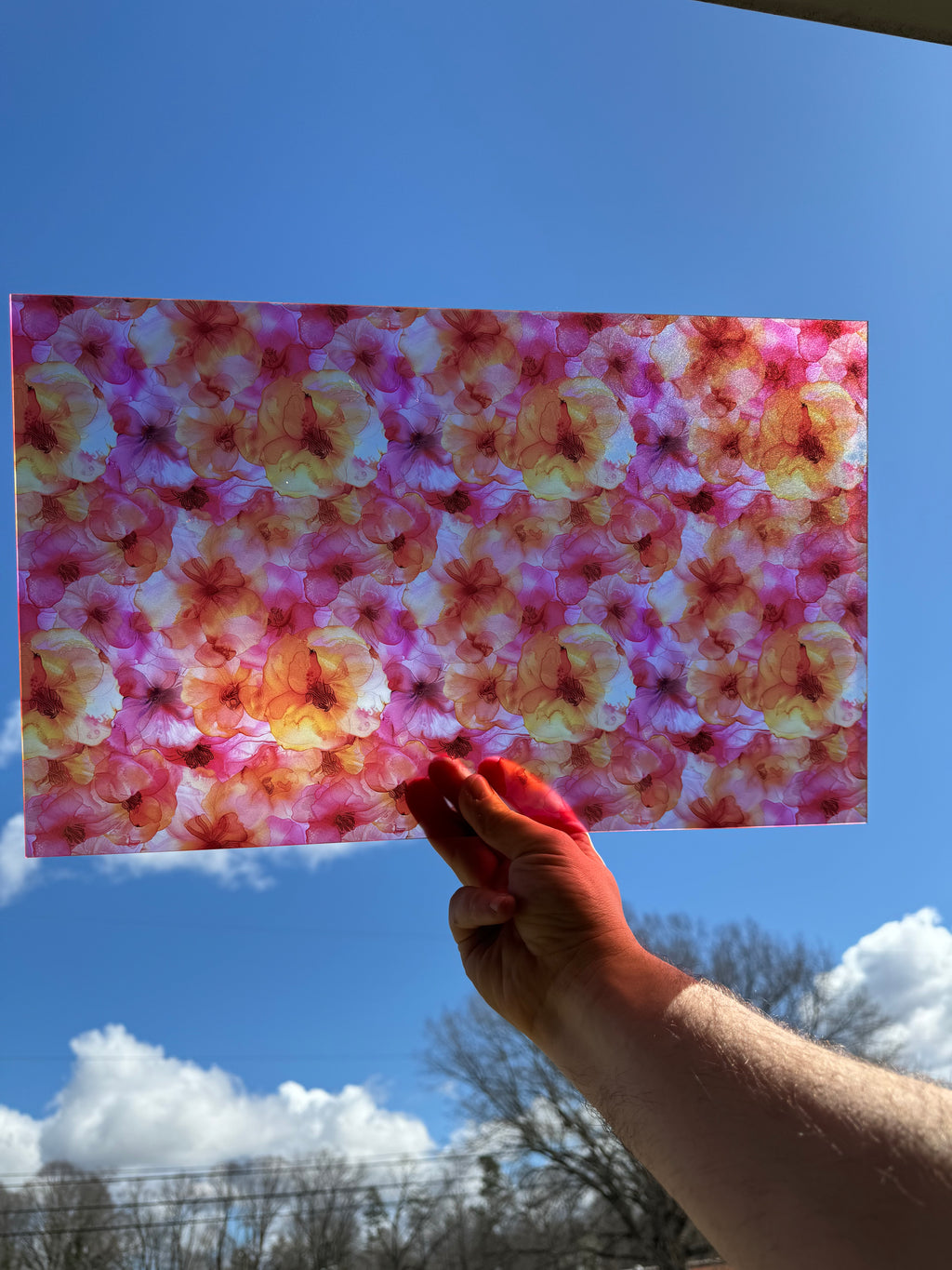 PatternPly® Transparent Bright Orange and Pink Floral sheet showing the pattern