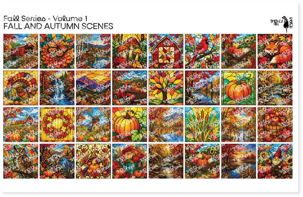 PatternPly® Transparent Fall Series Volume 1 Fall and Autumn Scenes Sampler: sampler sheet of small art scene designs