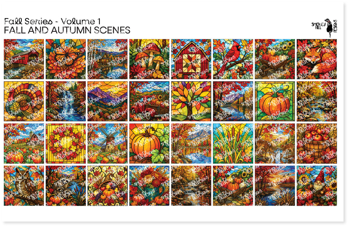 PatternPly® Transparent Fall Series Volume 1 Fall and Autumn Scenes Sampler: sampler sheet of small art scene designs