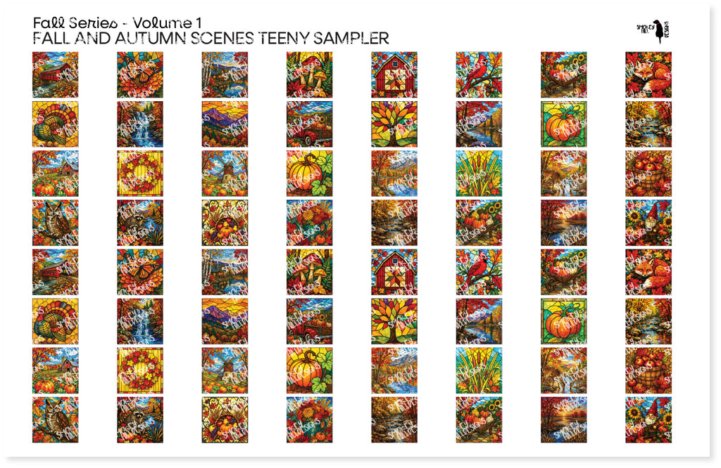PatternPly® Transparent Fall Series Volume 1 Fall and Autumn Scenes Teeny Sampler: sampler sheet of small art scene designs