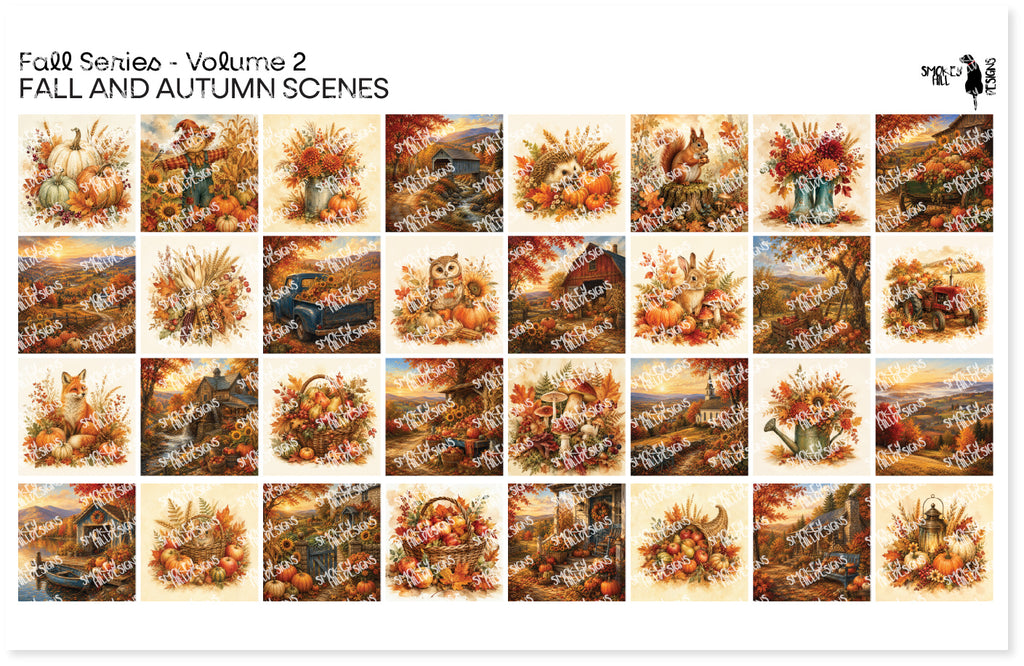 PatternPly® Transparent Fall Series Volume 2 Fall and Autumn Scenes Sampler: sampler sheet of small art scene designs