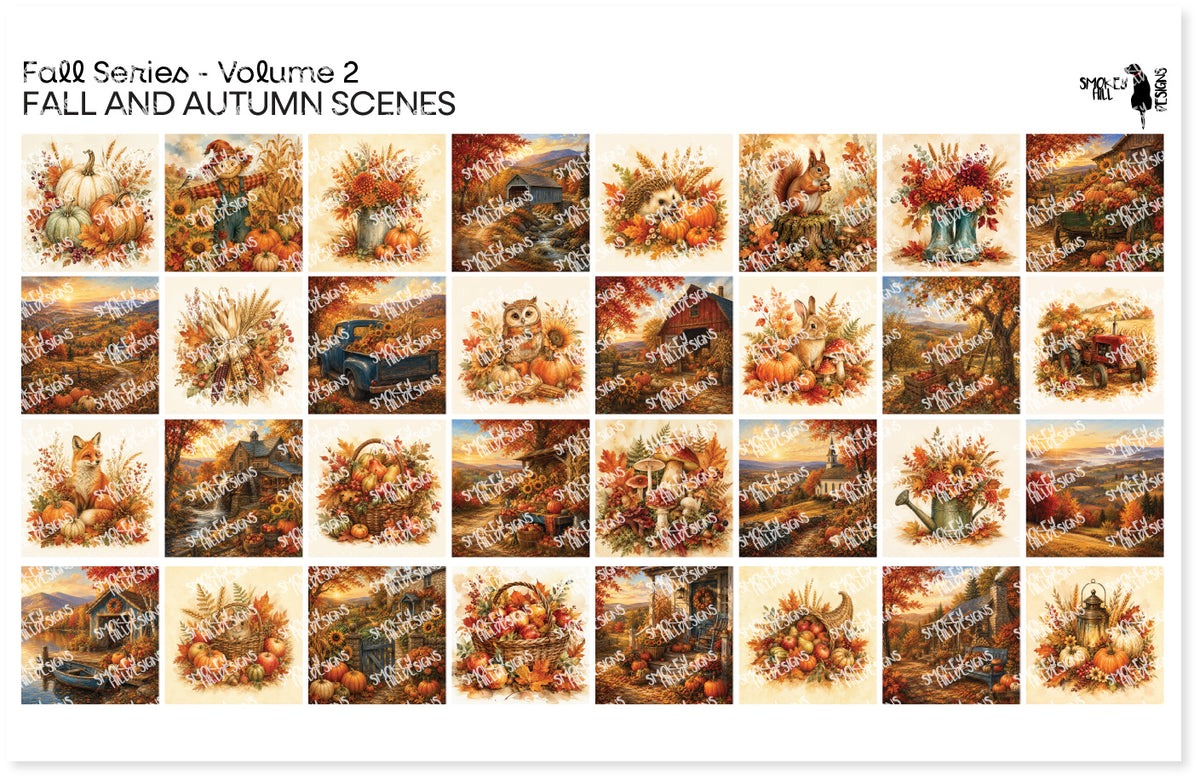 PatternPly® Transparent Fall Series Volume 2 Fall and Autumn Scenes Sampler: sampler sheet of small art scene designs