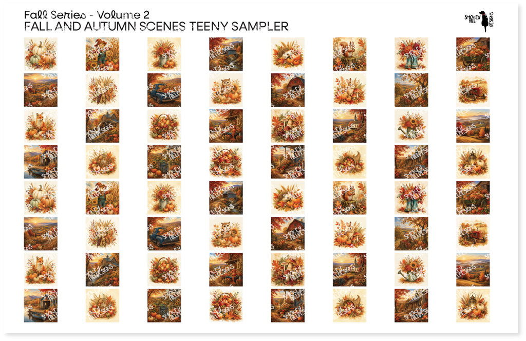 PatternPly® Transparent Fall Series Volume 2 Fall and Autumn Scenes Teeny Sampler: sampler sheet of small art scene designs