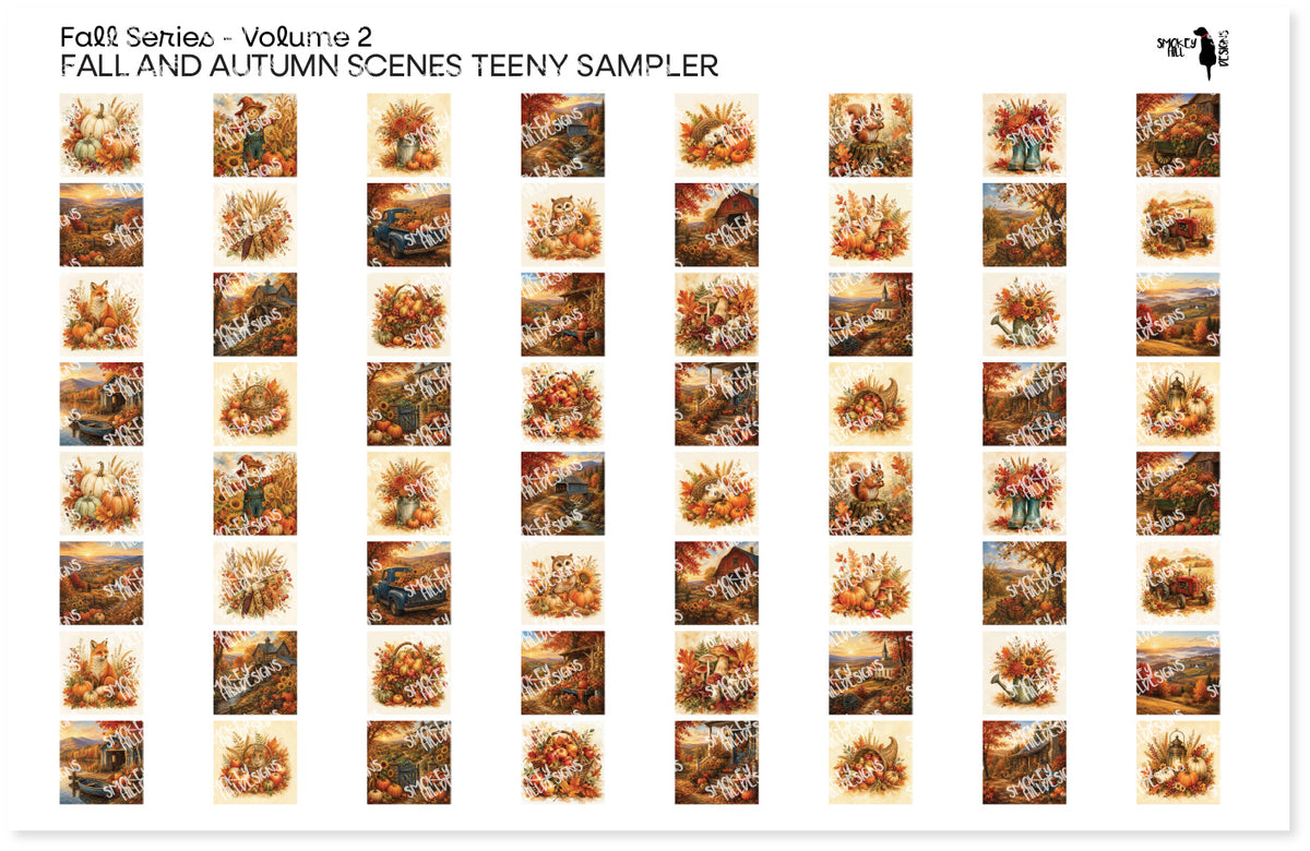 PatternPly® Transparent Fall Series Volume 2 Fall and Autumn Scenes Teeny Sampler: sampler sheet of small art scene designs