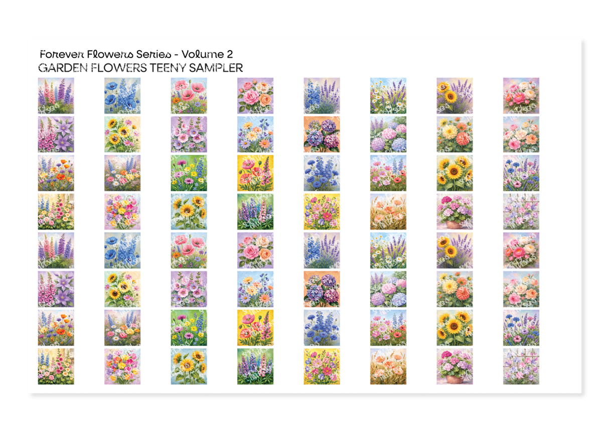 PatternPly® Transparent Forever Flowers Volume 2 Garden Flowers Teeny Sampler: sampler sheet of small art scene designs