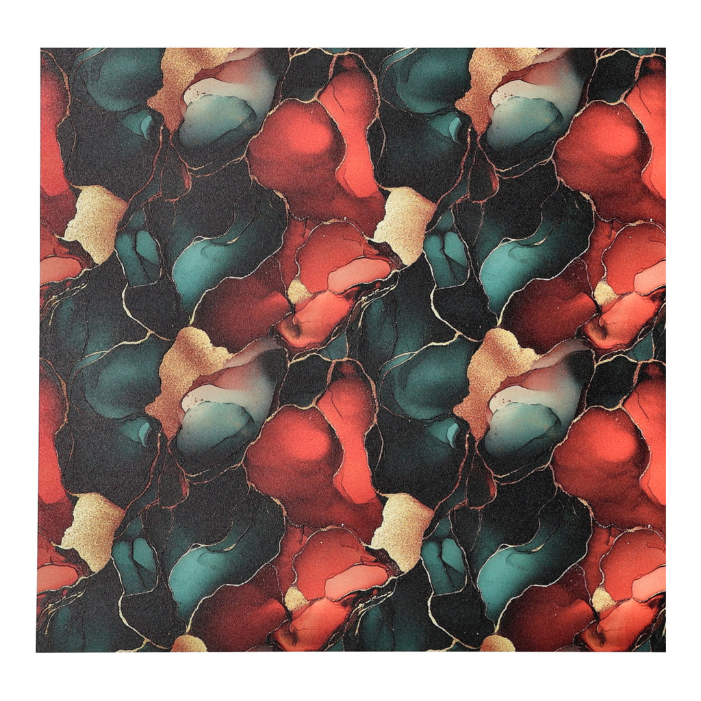 PatternPly® Full Coverage Deep Red Green and Gold Ink sheet showing the pattern