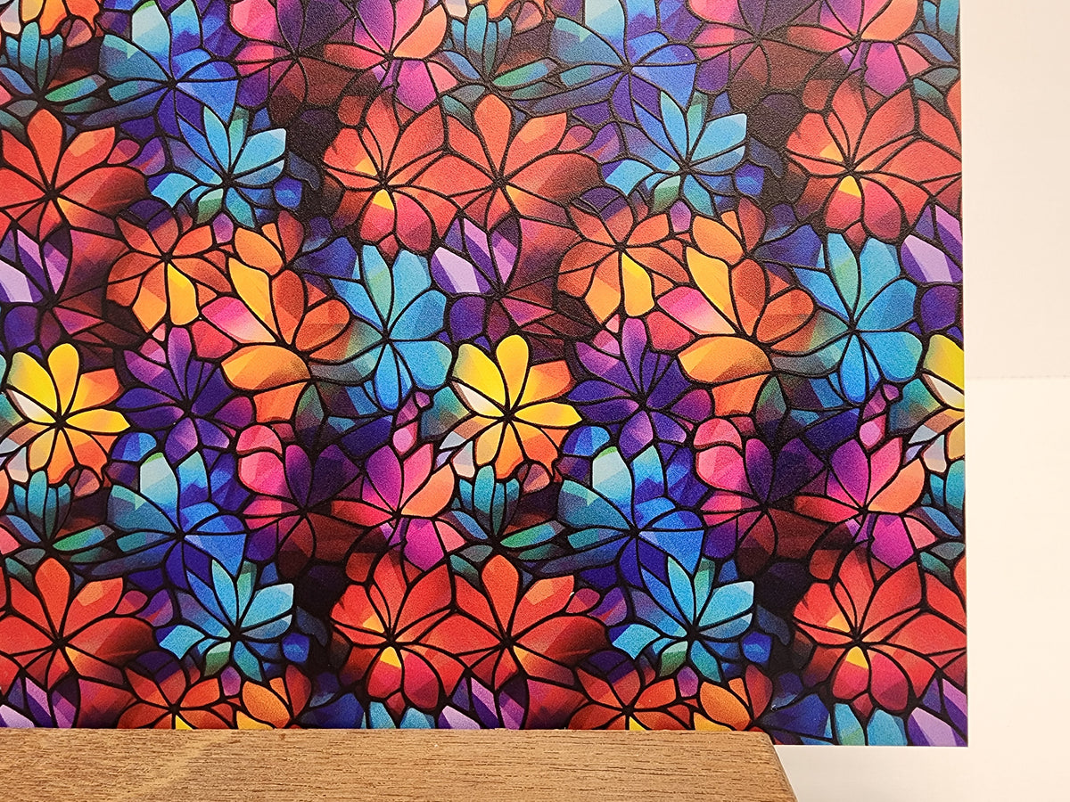 PatternPly® Full Coverage Geometric Floral Stained Glass sheet showing the pattern