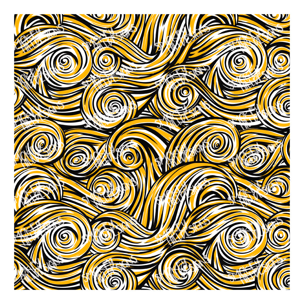 PatternPly® Scattered Gold and Black Swirls sheet showing the pattern