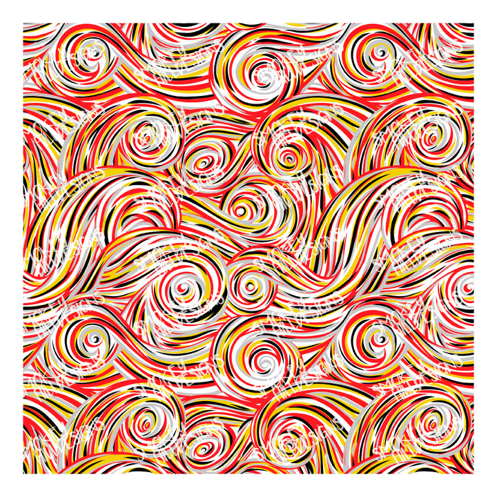 PatternPly® Scattered Gold, Black, and Red Swirls