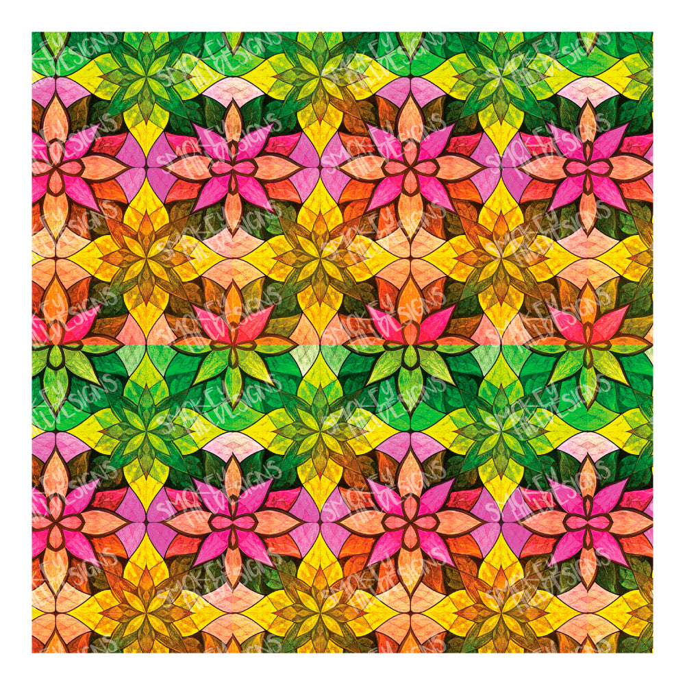 PatternPly® Transparent Gradient Mosaic Stained Glass Flowers sheet showing the pattern