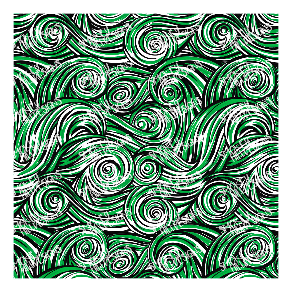 PatternPly® Transparent Green and Black Swirls sheet showing the pattern