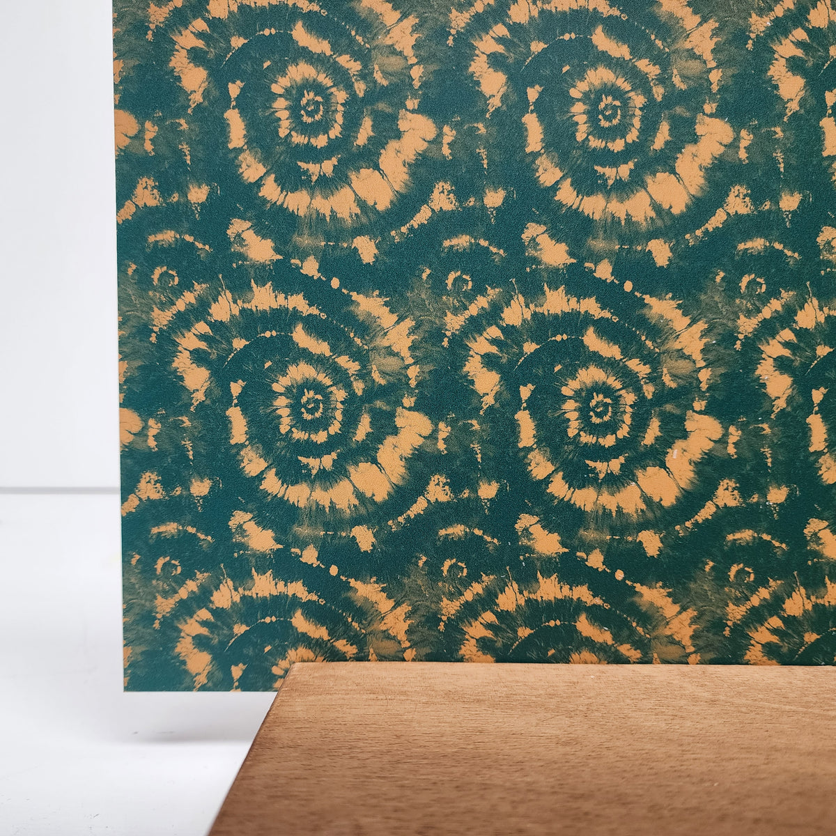 PatternPly® Full Coverage Teal and Bronze Tie Dye sheet showing the pattern