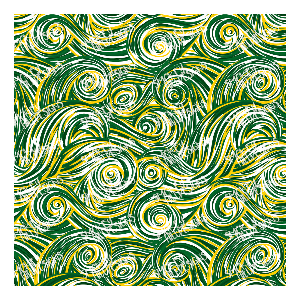 PatternPly® Scattered Green and Gold Swirls sheet showing the pattern