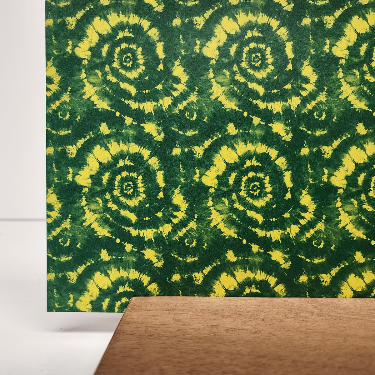 PatternPly® Full Coverage Green and Yellow Tie Dye sheet showing the pattern
