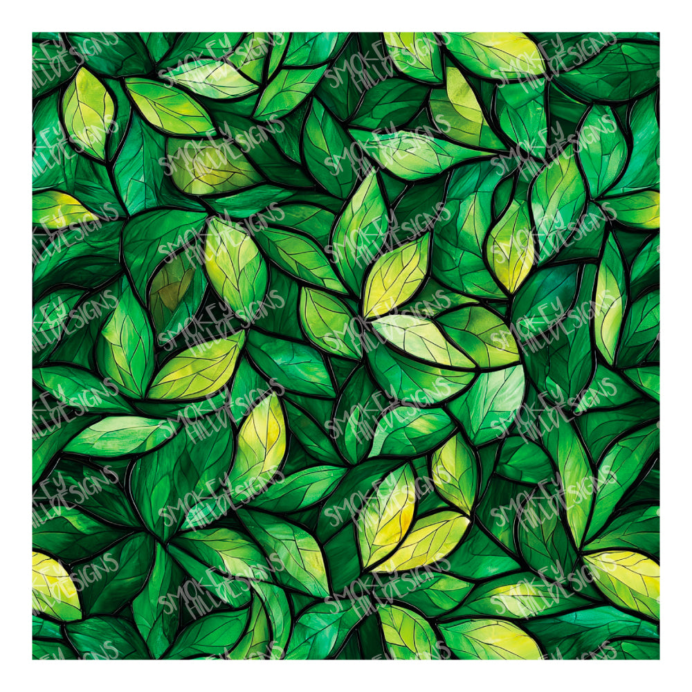 PatternPly® Full Coverage Green Leaf Stained Glass sheet showing the pattern