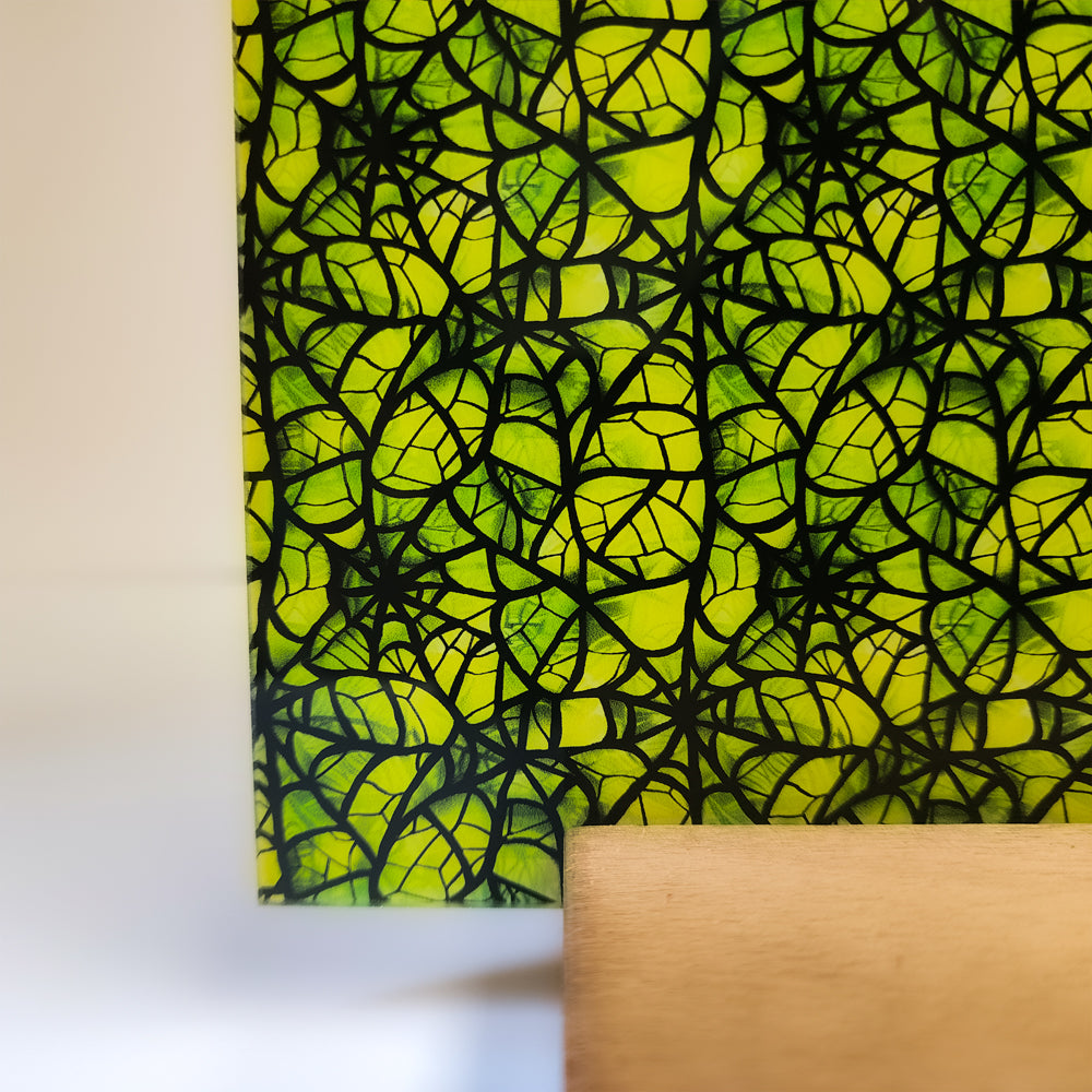 PatternPly® Full Coverage Green Stained Glass Spiderwebs sheet showing the pattern