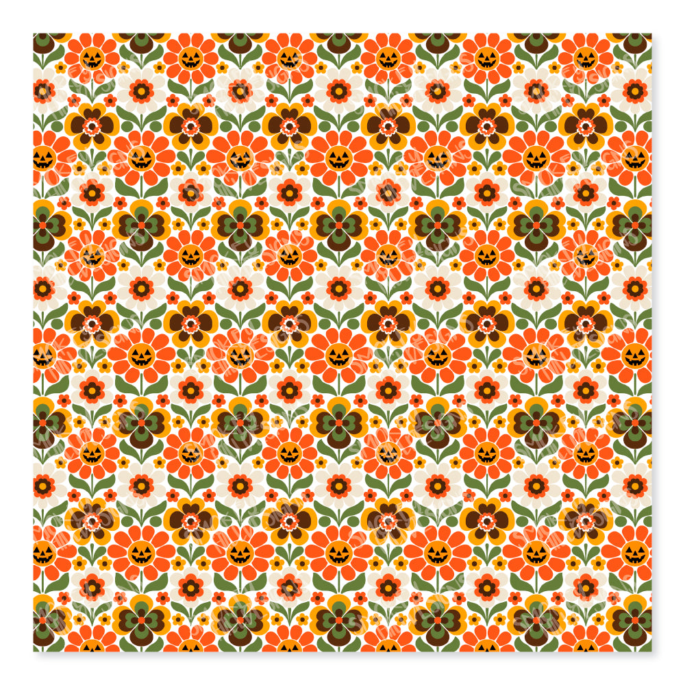 PatternPly® Scattered Groovy Pumpkin Flowers sheet showing the pattern
