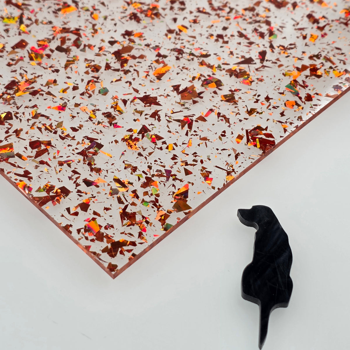 Dark Orange Holographic Flakes Cosmic Kisses acrylic sheet