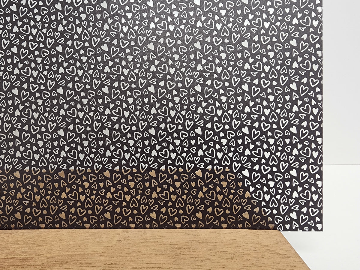PatternPly® Scattered Outline Hearts BLACK sheet showing the pattern