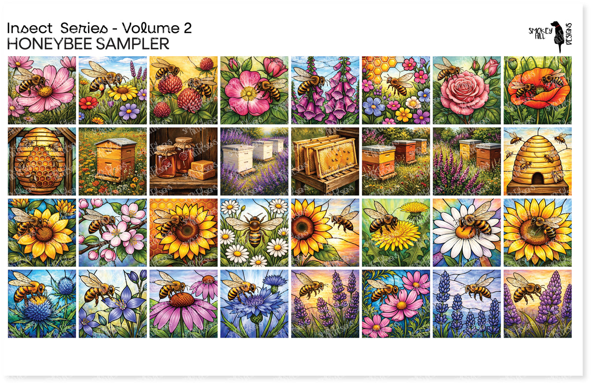 PatternPly® Full Coverage Insect Series Volume 2 Honeybees Sampler: sampler sheet of small art scene designs