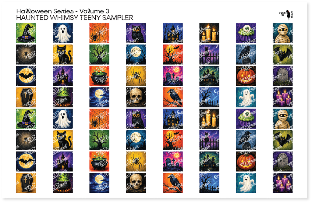 PatternPly® Full Coverage Halloween Series Volume 3 Haunted Whimsy Teeny Sampler: sampler sheet of small art scene designs
