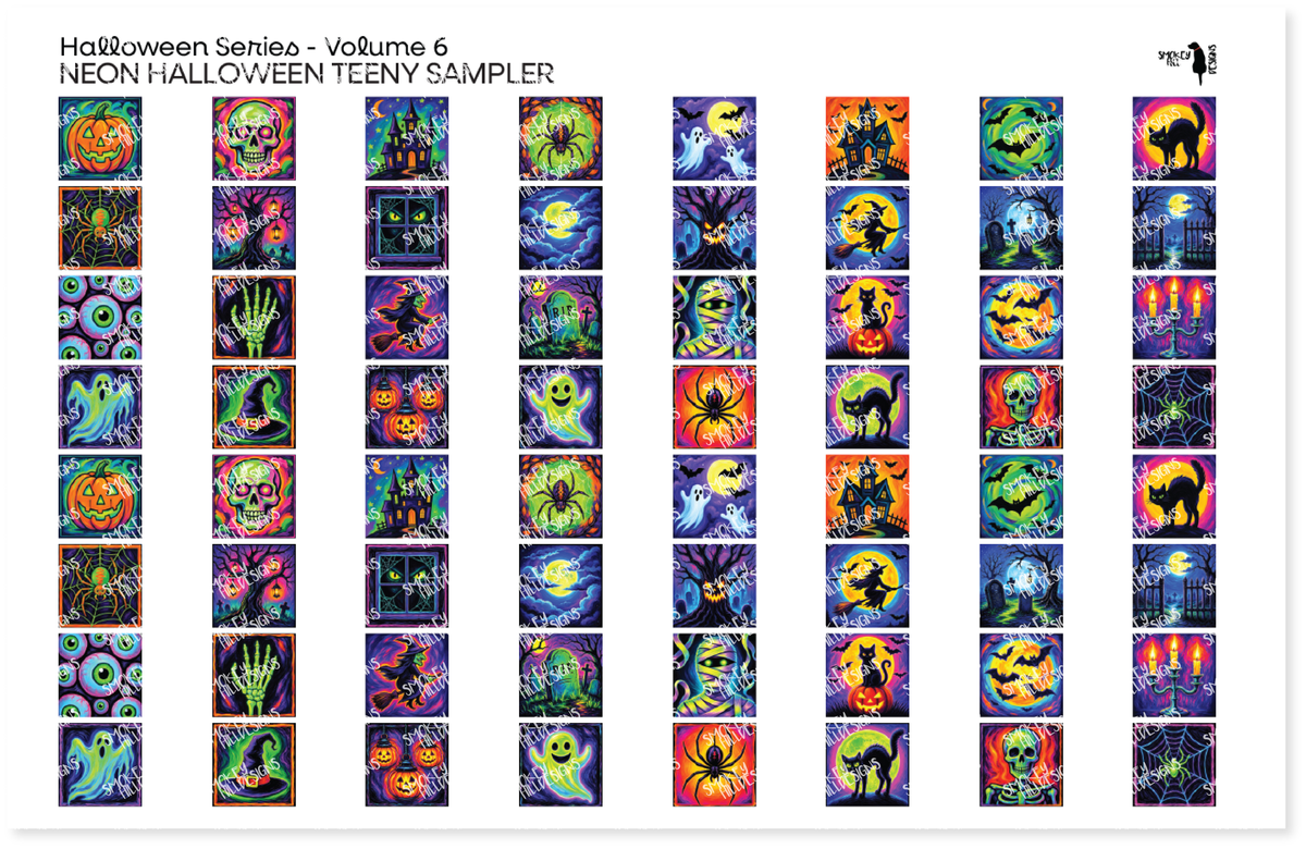 PatternPly® Full Coverage Halloween Series Volume 6 Neon Halloween Teeny Sampler: sampler sheet of small art scene designs