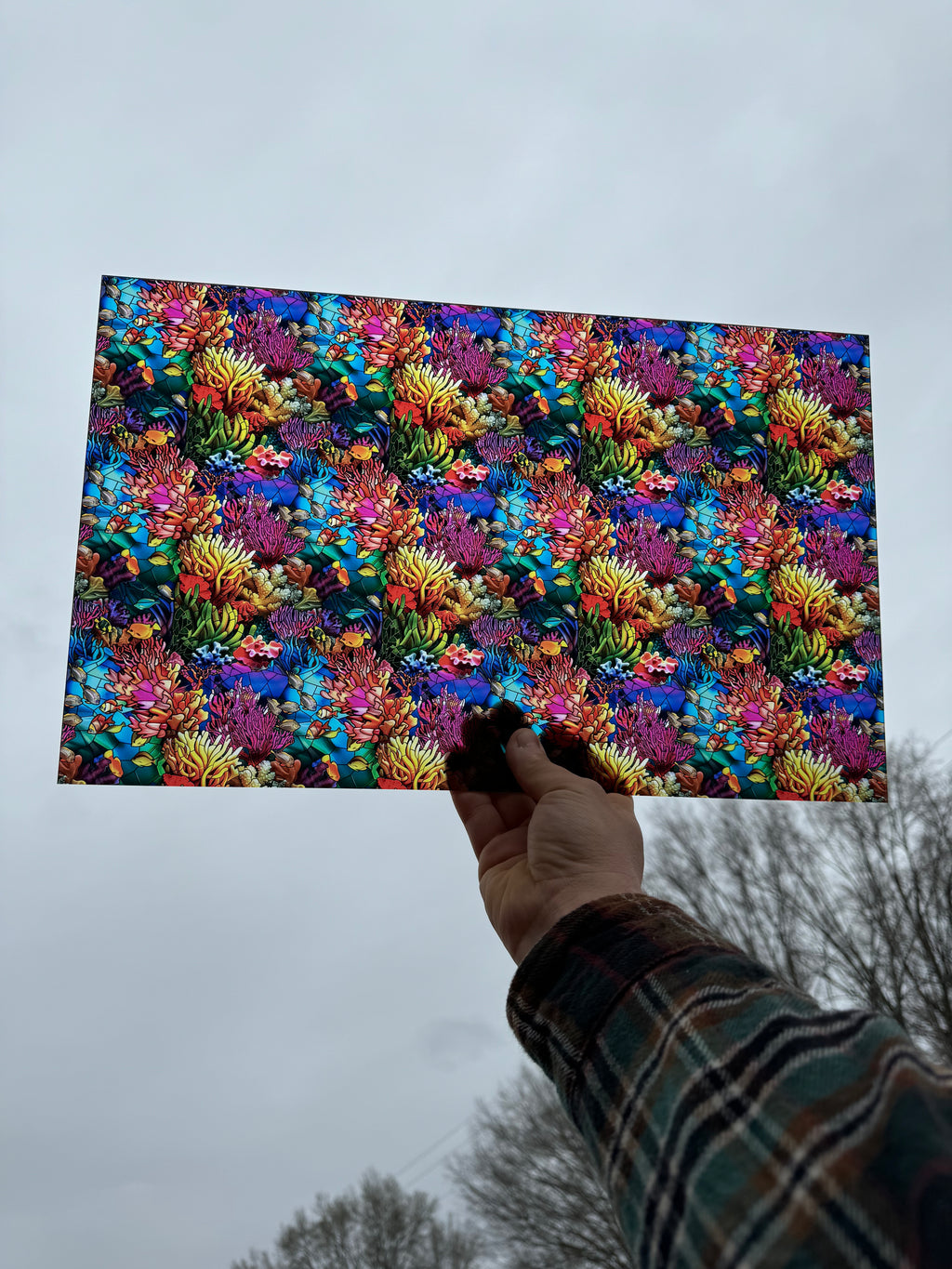 PatternPly® Transparent Stained Glass Coral Reef sheet showing the pattern
