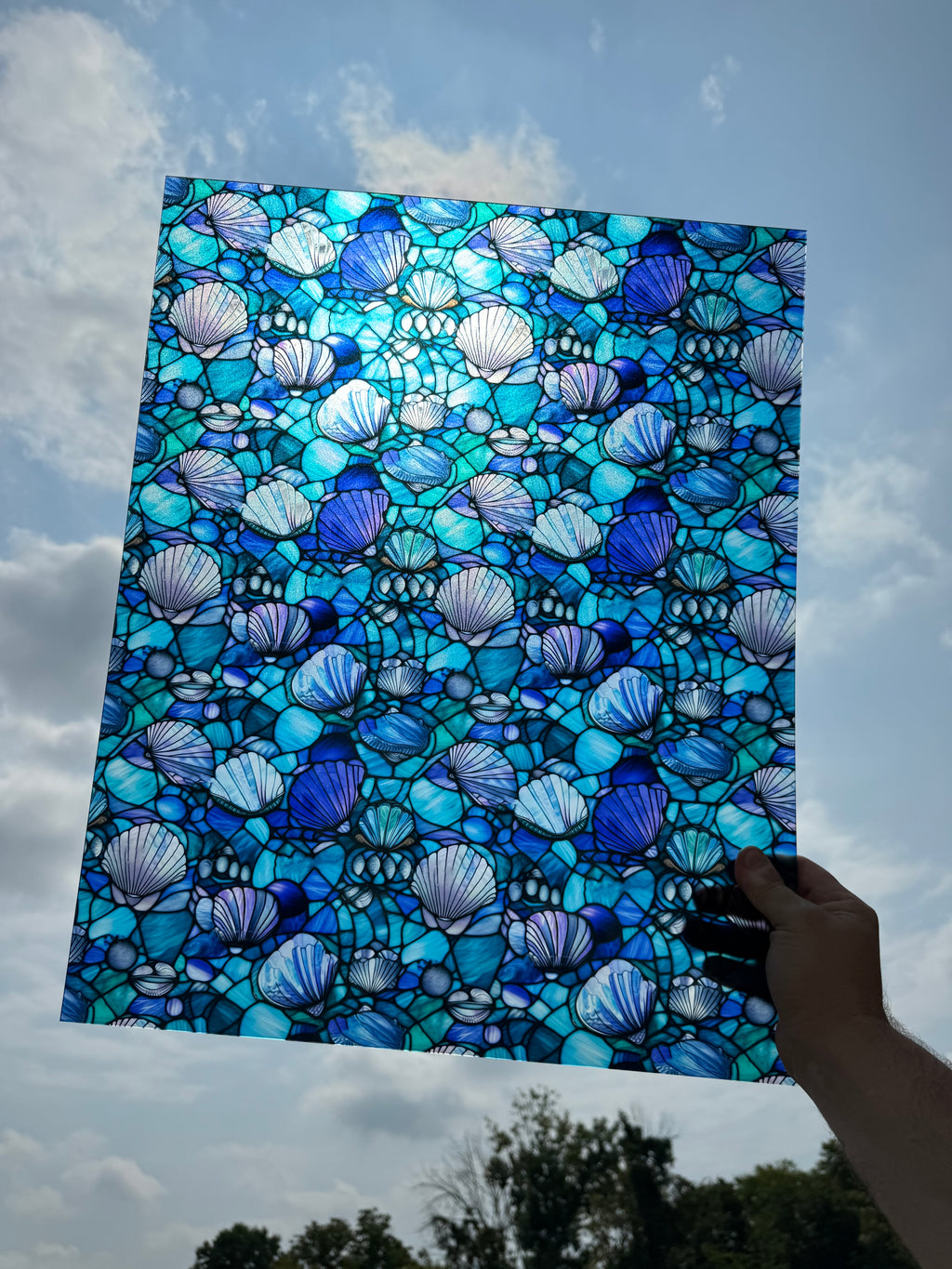 PatternPly® 19x24" Transparent Stained Glass Seashells XL Scale sheet showing the pattern