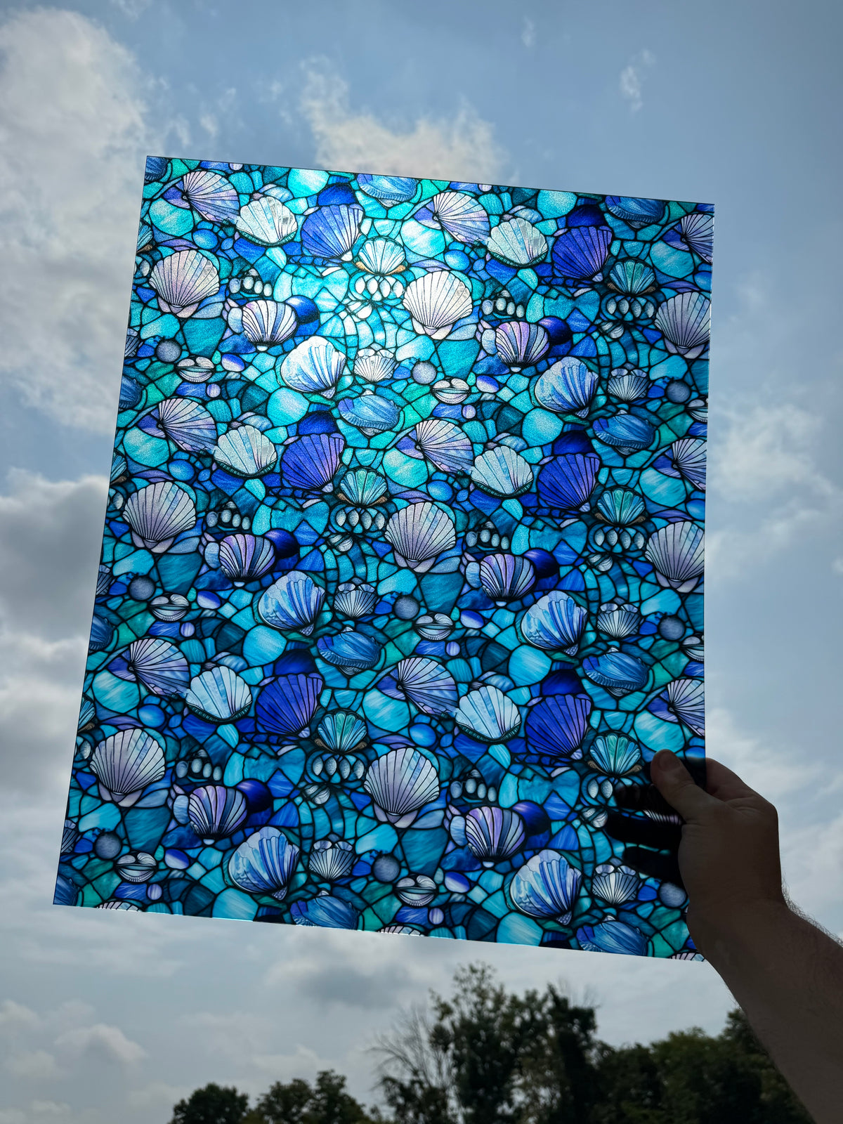 PatternPly® 19x24" Transparent Stained Glass Seashells XL Scale sheet showing the pattern